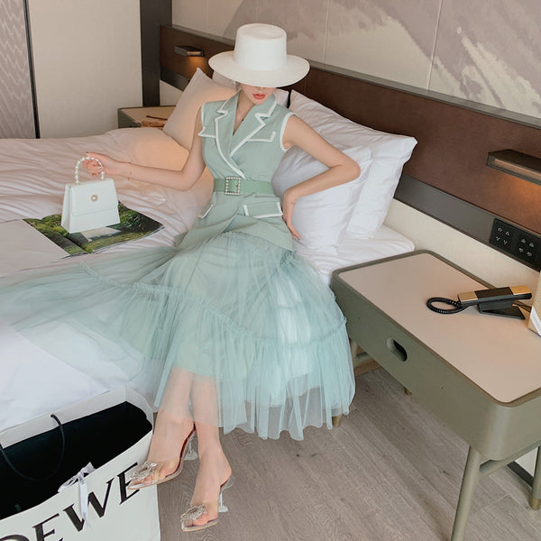 Temperament Fashion Two Piece Sleeveless Dress Mesh Long Skirt