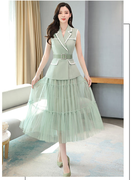 Temperament Fashion Two Piece Sleeveless Dress Mesh Long Skirt