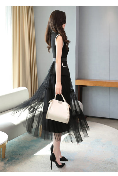 Temperament Fashion Two Piece Sleeveless Dress Mesh Long Skirt