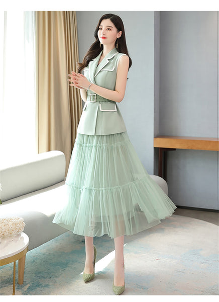 Temperament Fashion Two Piece Sleeveless Dress Mesh Long Skirt
