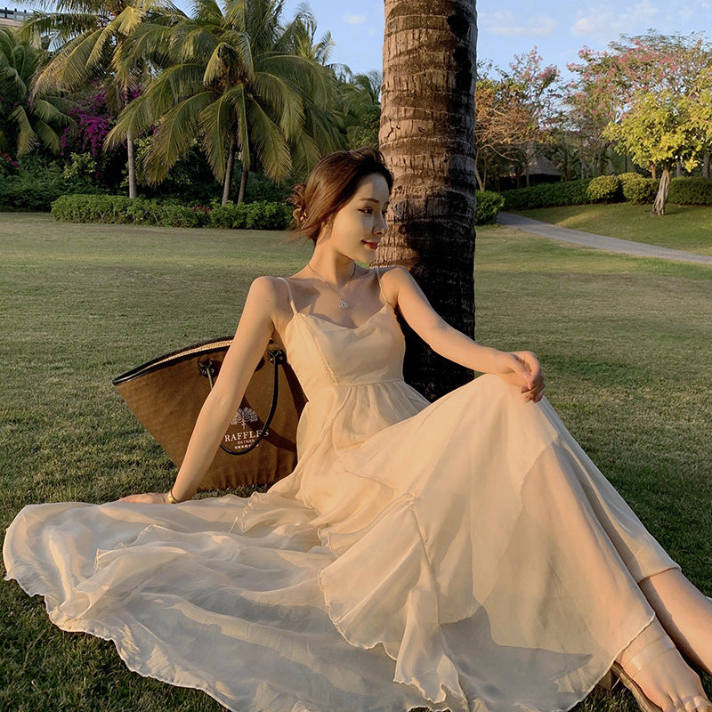 Sexy Backless V Neck High Waist Fairy Ruffle Sling Irregular Dress