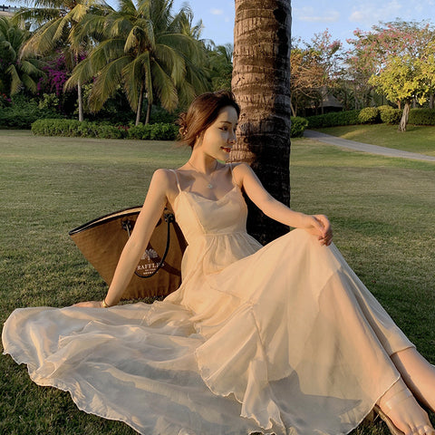 Sexy Backless V Neck High Waist Fairy Ruffle Sling Irregular Dress