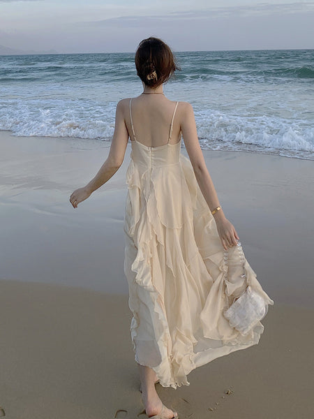 Sexy Backless V Neck High Waist Fairy Ruffle Sling Irregular Dress