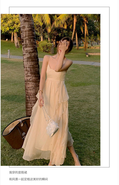 Sexy Backless V Neck High Waist Fairy Ruffle Sling Irregular Dress