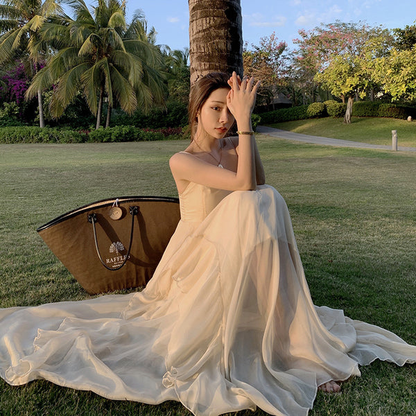 Sexy Backless V Neck High Waist Fairy Ruffle Sling Irregular Dress