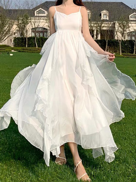 Sexy Backless V Neck High Waist Fairy Ruffle Sling Irregular Dress