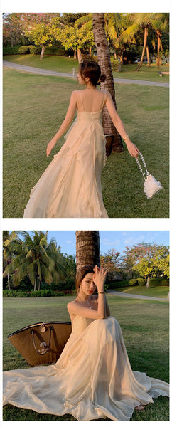 Sexy Backless V Neck High Waist Fairy Ruffle Sling Irregular Dress