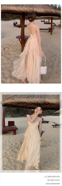 Sexy Backless V Neck High Waist Fairy Ruffle Sling Irregular Dress