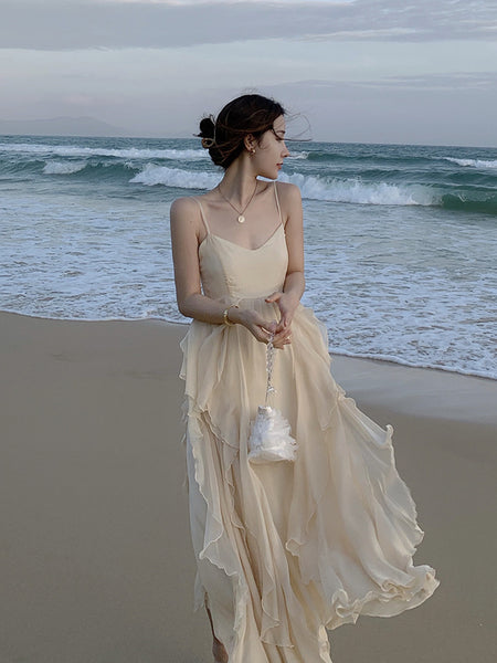 Sexy Backless V Neck High Waist Fairy Ruffle Sling Irregular Dress