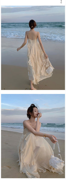 Sexy Backless V Neck High Waist Fairy Ruffle Sling Irregular Dress