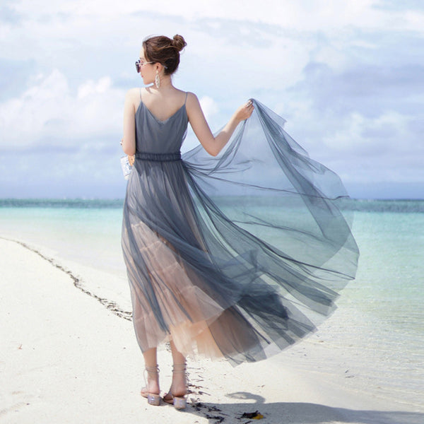 Vacation Beach Temperament Hem Mesh Bridesmaid Big Swing Dress