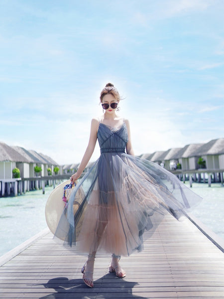 Vacation Beach Temperament Hem Mesh Bridesmaid Big Swing Dress