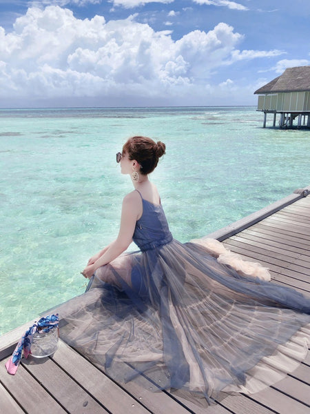 Vacation Beach Temperament Hem Mesh Bridesmaid Big Swing Dress