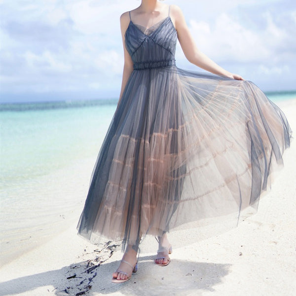 Vacation Beach Temperament Hem Mesh Bridesmaid Big Swing Dress