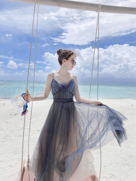 Vacation Beach Temperament Hem Mesh Bridesmaid Big Swing Dress