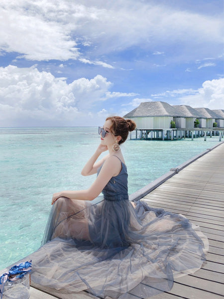 Vacation Beach Temperament Hem Mesh Bridesmaid Big Swing Dress