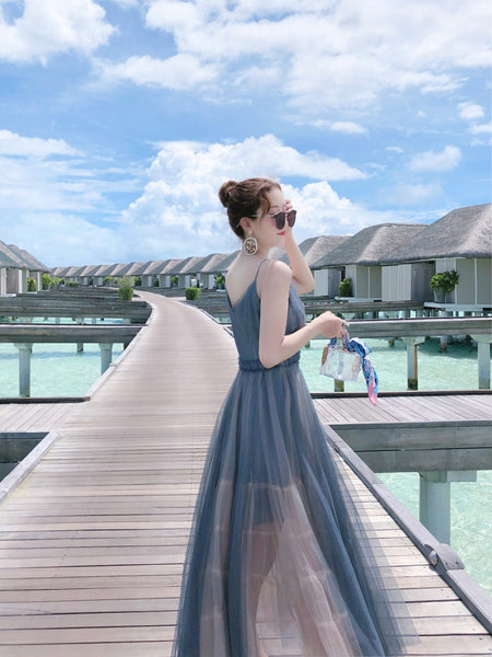 Vacation Beach Temperament Hem Mesh Bridesmaid Big Swing Dress