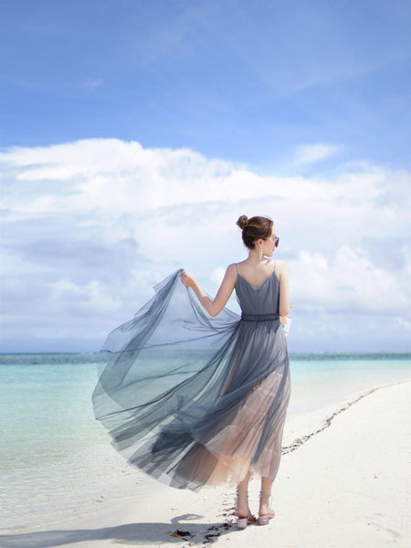 Vacation Beach Temperament Hem Mesh Bridesmaid Big Swing Dress