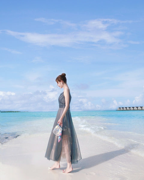 Vacation Beach Temperament Hem Mesh Bridesmaid Big Swing Dress