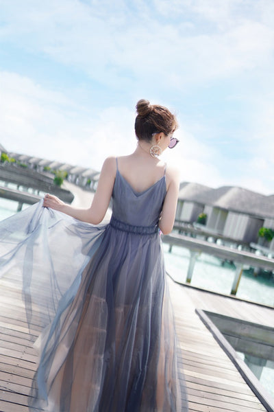 Vacation Beach Temperament Hem Mesh Bridesmaid Big Swing Dress