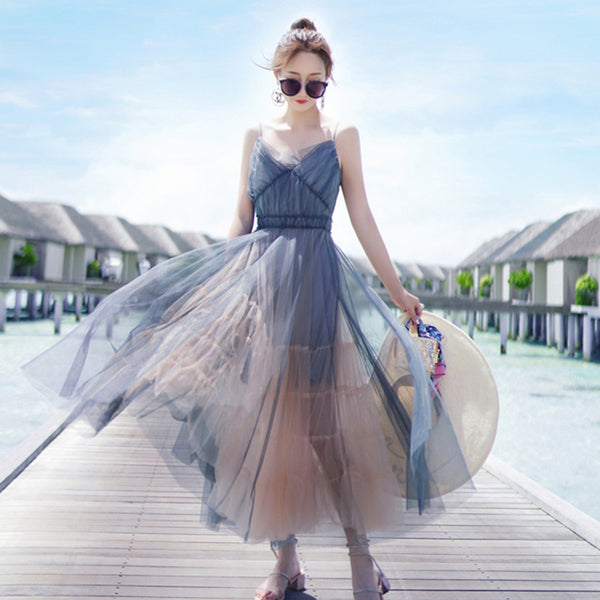 Vacation Beach Temperament Hem Mesh Bridesmaid Big Swing Dress