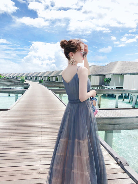 Vacation Beach Temperament Hem Mesh Bridesmaid Big Swing Dress