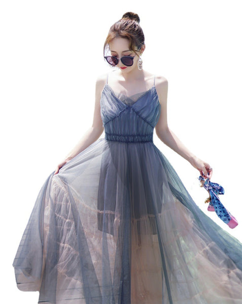 Vacation Beach Temperament Hem Mesh Bridesmaid Big Swing Dress