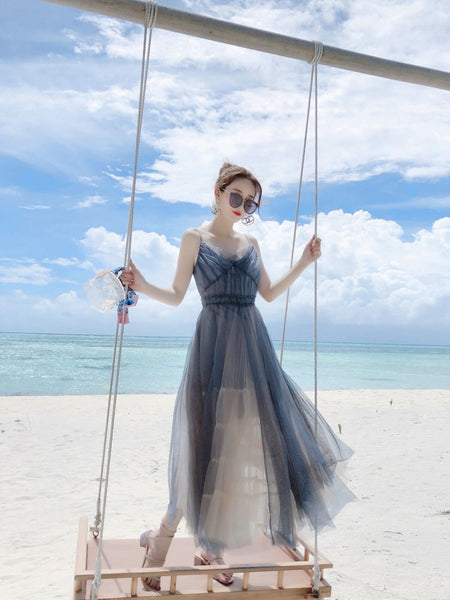 Vacation Beach Temperament Hem Mesh Bridesmaid Big Swing Dress