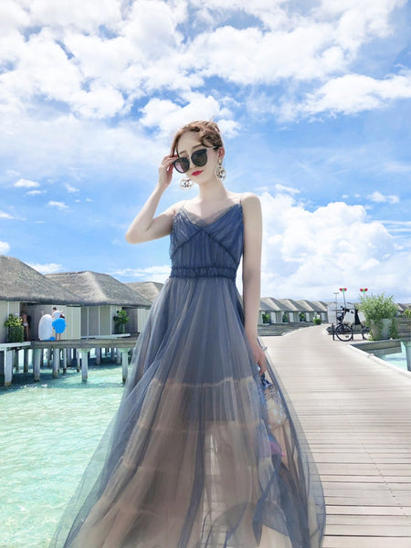 Vacation Beach Temperament Hem Mesh Bridesmaid Big Swing Dress