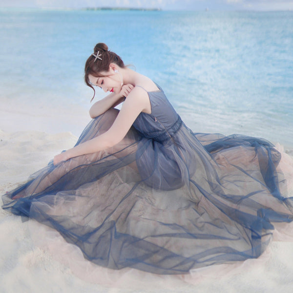 Vacation Beach Temperament Hem Mesh Bridesmaid Big Swing Dress