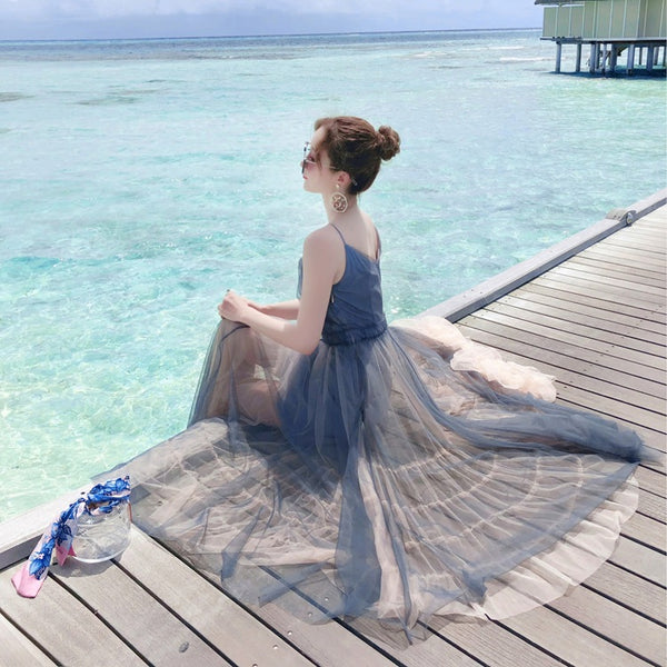 Vacation Beach Temperament Hem Mesh Bridesmaid Big Swing Dress