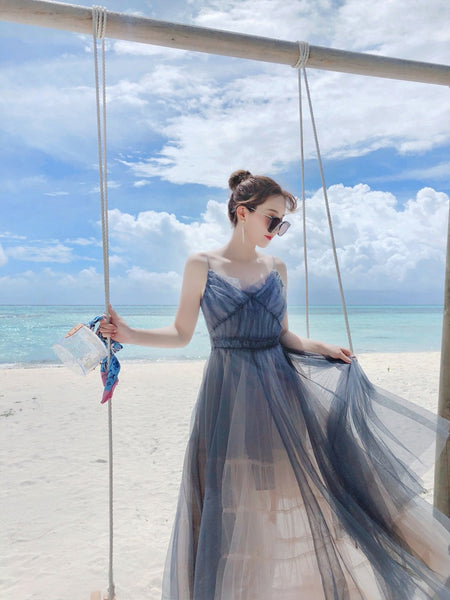 Vacation Beach Temperament Hem Mesh Bridesmaid Big Swing Dress