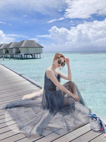 Vacation Beach Temperament Hem Mesh Bridesmaid Big Swing Dress