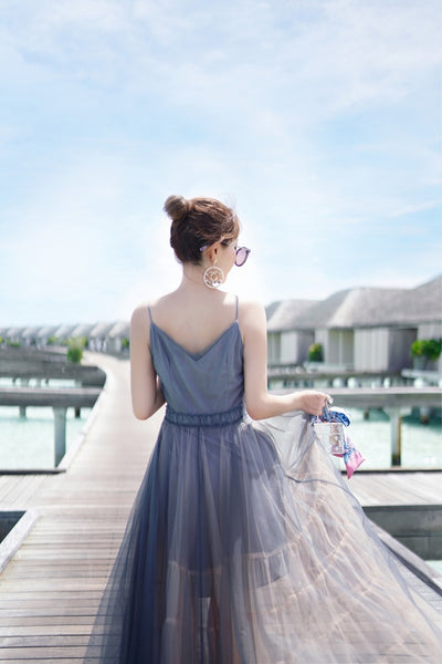 Vacation Beach Temperament Hem Mesh Bridesmaid Big Swing Dress