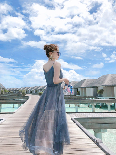 Vacation Beach Temperament Hem Mesh Bridesmaid Big Swing Dress