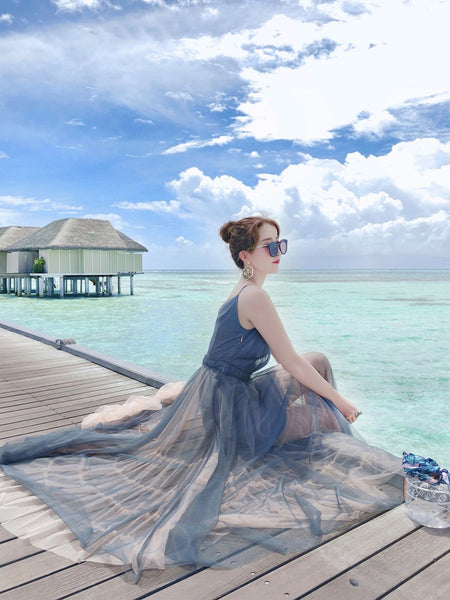 Vacation Beach Temperament Hem Mesh Bridesmaid Big Swing Dress