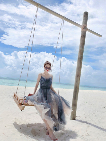 Vacation Beach Temperament Hem Mesh Bridesmaid Big Swing Dress