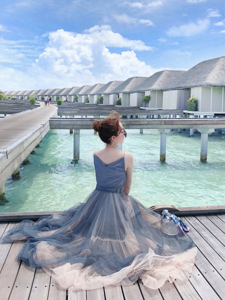 Vacation Beach Temperament Hem Mesh Bridesmaid Big Swing Dress