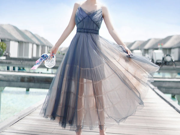 Vacation Beach Temperament Hem Mesh Bridesmaid Big Swing Dress