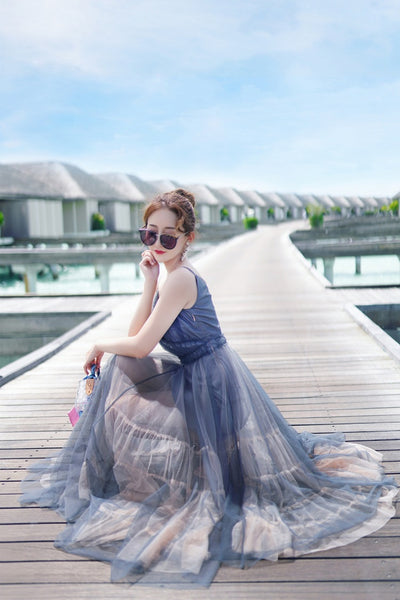 Vacation Beach Temperament Hem Mesh Bridesmaid Big Swing Dress