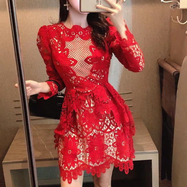 Spring Sexy Lace Temperament Red Hollow Out Smock Dress A Line Skirt