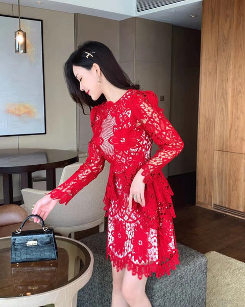 Spring Sexy Lace Temperament Red Hollow Out Smock Dress A Line Skirt