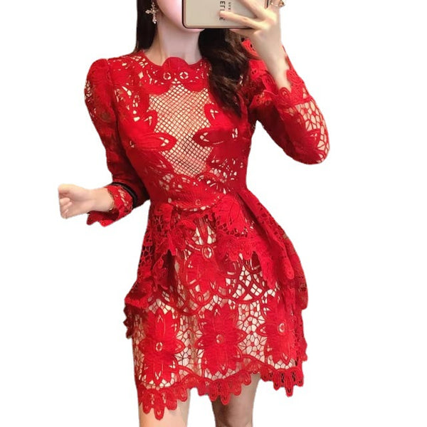Spring Sexy Lace Temperament Red Hollow Out Smock Dress A Line Skirt