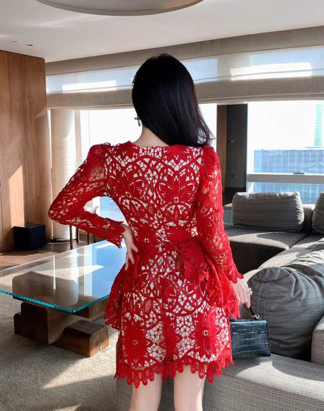 Spring Sexy Lace Temperament Red Hollow Out Smock Dress A Line Skirt