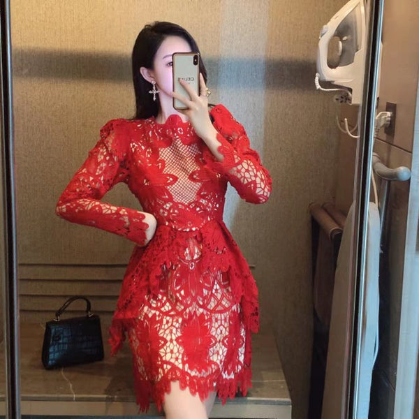 Spring Sexy Lace Temperament Red Hollow Out Smock Dress A Line Skirt