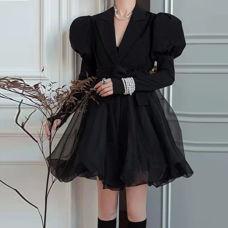 Spring Classic Retro Mesh Stitching Design Waist Black Puff Sleeves Suit