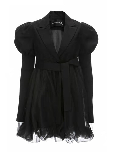 Spring Classic Retro Mesh Stitching Design Waist Black Puff Sleeves Suit