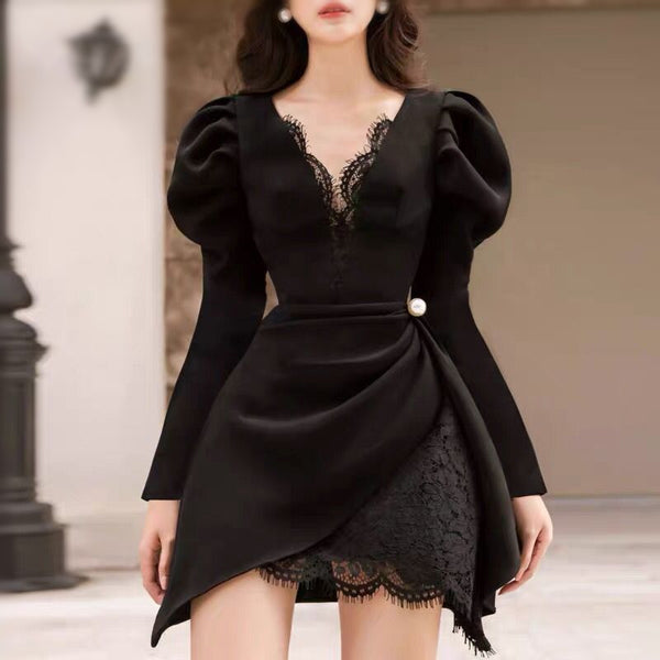 Spring Classic Retro Mesh Stitching Design Waist Black Puff Sleeves Suit
