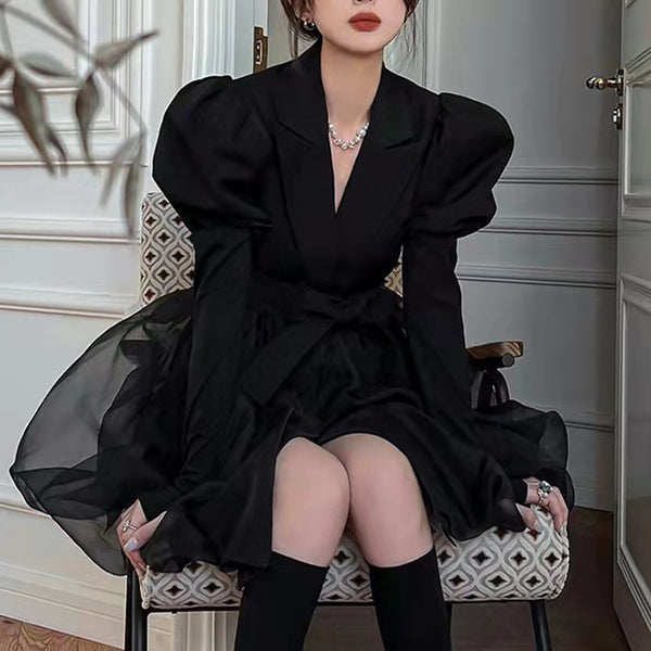 Spring Classic Retro Mesh Stitching Design Waist Black Puff Sleeves Suit