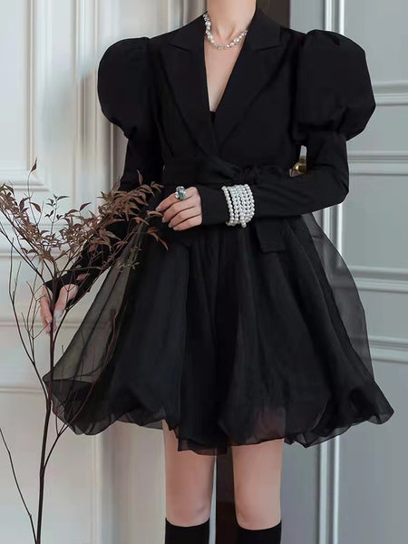Spring Classic Retro Mesh Stitching Design Waist Black Puff Sleeves Suit